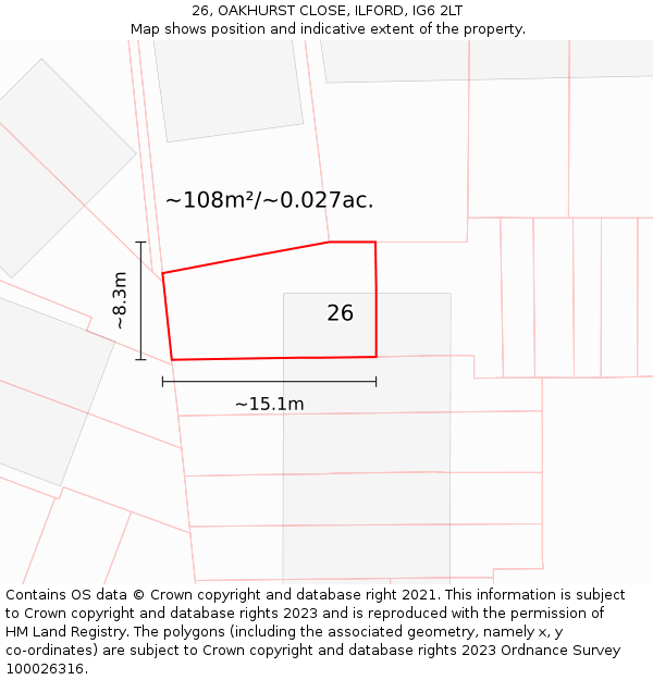 26, OAKHURST CLOSE, ILFORD, IG6 2LT: Plot and title map