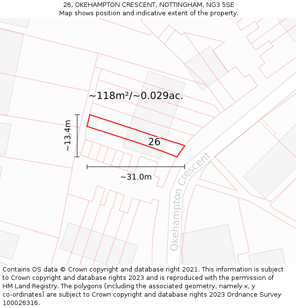 26, OKEHAMPTON CRESCENT, NOTTINGHAM, NG3 5SE: Plot and title map