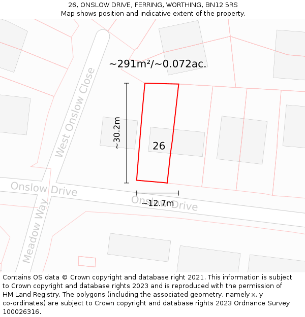 26, ONSLOW DRIVE, FERRING, WORTHING, BN12 5RS: Plot and title map
