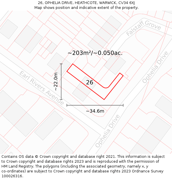 26, OPHELIA DRIVE, HEATHCOTE, WARWICK, CV34 6XJ: Plot and title map