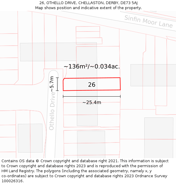 26, OTHELLO DRIVE, CHELLASTON, DERBY, DE73 5AJ: Plot and title map