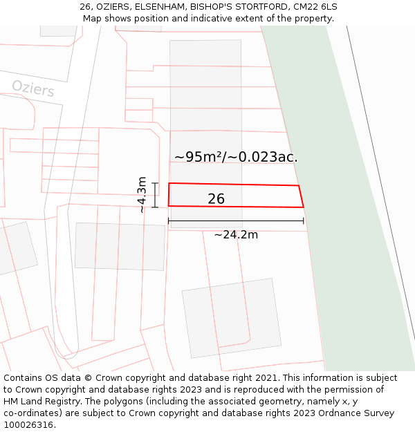 26, OZIERS, ELSENHAM, BISHOP'S STORTFORD, CM22 6LS: Plot and title map