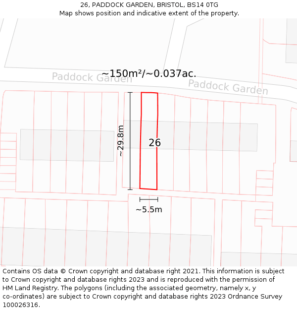 26, PADDOCK GARDEN, BRISTOL, BS14 0TG: Plot and title map