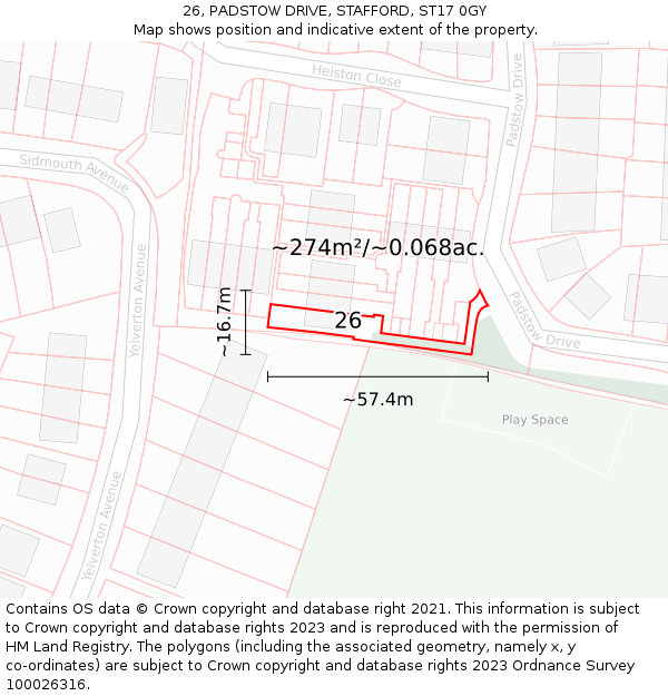 26, PADSTOW DRIVE, STAFFORD, ST17 0GY: Plot and title map