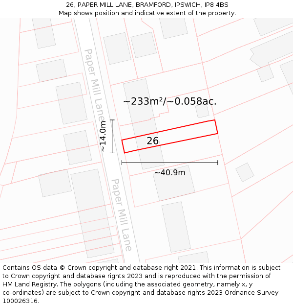 26, PAPER MILL LANE, BRAMFORD, IPSWICH, IP8 4BS: Plot and title map