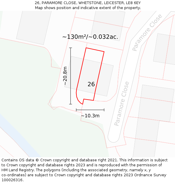 26, PARAMORE CLOSE, WHETSTONE, LEICESTER, LE8 6EY: Plot and title map