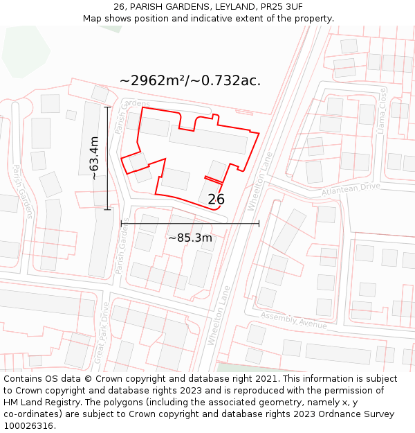 26, PARISH GARDENS, LEYLAND, PR25 3UF: Plot and title map