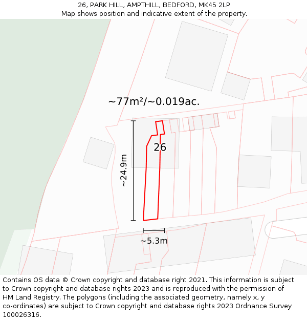 26, PARK HILL, AMPTHILL, BEDFORD, MK45 2LP: Plot and title map