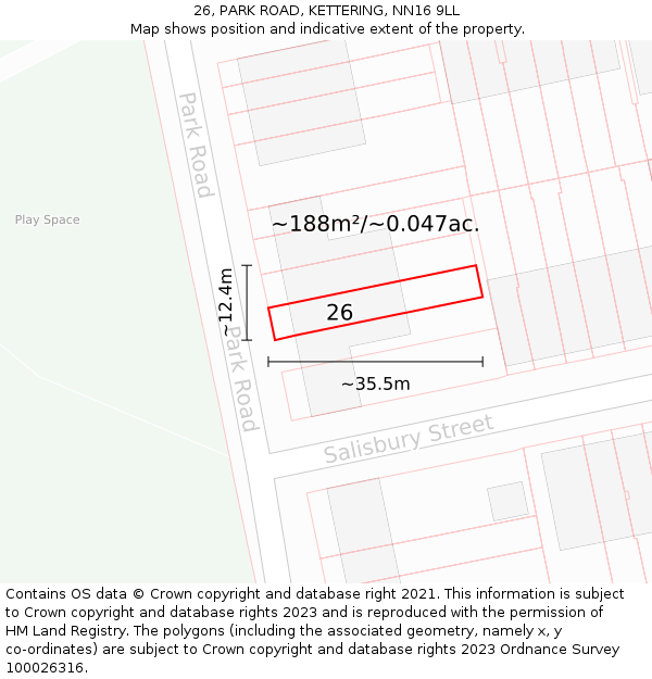 26, PARK ROAD, KETTERING, NN16 9LL: Plot and title map