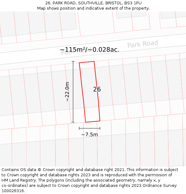 26, PARK ROAD, SOUTHVILLE, BRISTOL, BS3 1PU: Plot and title map