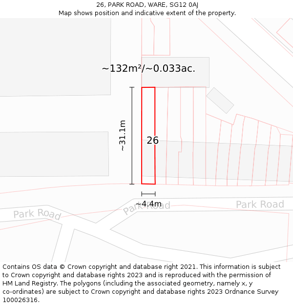 26, PARK ROAD, WARE, SG12 0AJ: Plot and title map