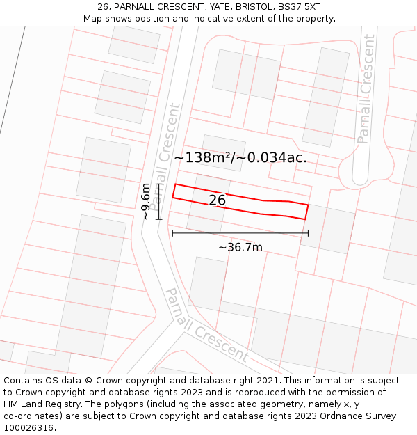 26, PARNALL CRESCENT, YATE, BRISTOL, BS37 5XT: Plot and title map
