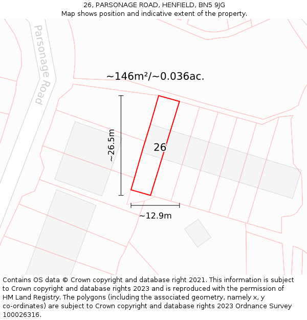 26, PARSONAGE ROAD, HENFIELD, BN5 9JG: Plot and title map