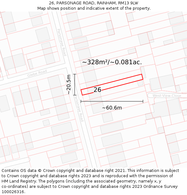 26, PARSONAGE ROAD, RAINHAM, RM13 9LW: Plot and title map