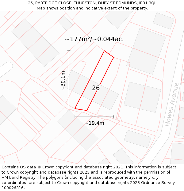 26, PARTRIDGE CLOSE, THURSTON, BURY ST EDMUNDS, IP31 3QL: Plot and title map