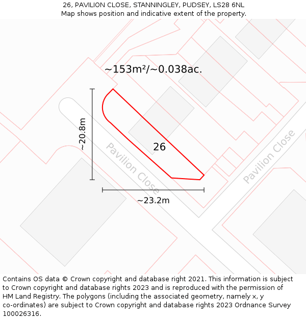 26, PAVILION CLOSE, STANNINGLEY, PUDSEY, LS28 6NL: Plot and title map