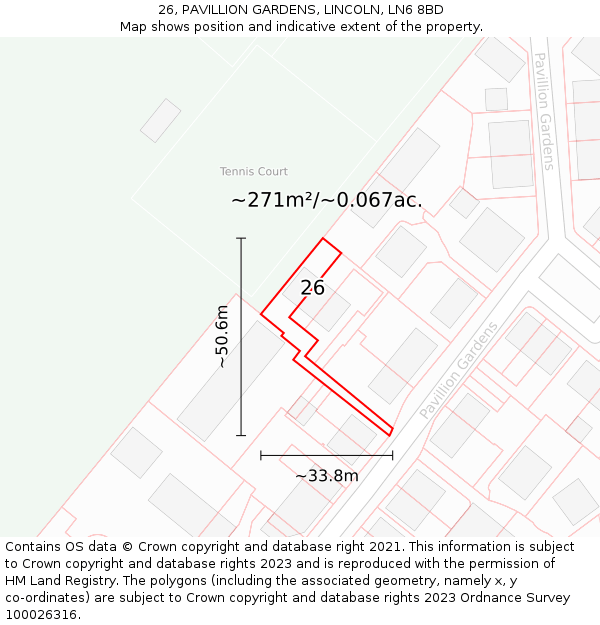 26, PAVILLION GARDENS, LINCOLN, LN6 8BD: Plot and title map