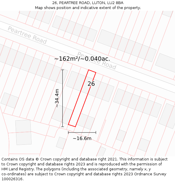 26, PEARTREE ROAD, LUTON, LU2 8BA: Plot and title map