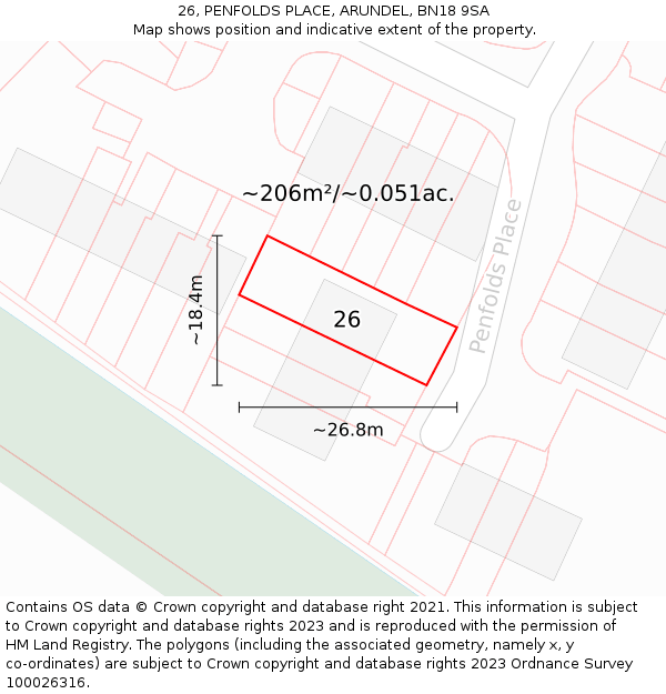26, PENFOLDS PLACE, ARUNDEL, BN18 9SA: Plot and title map