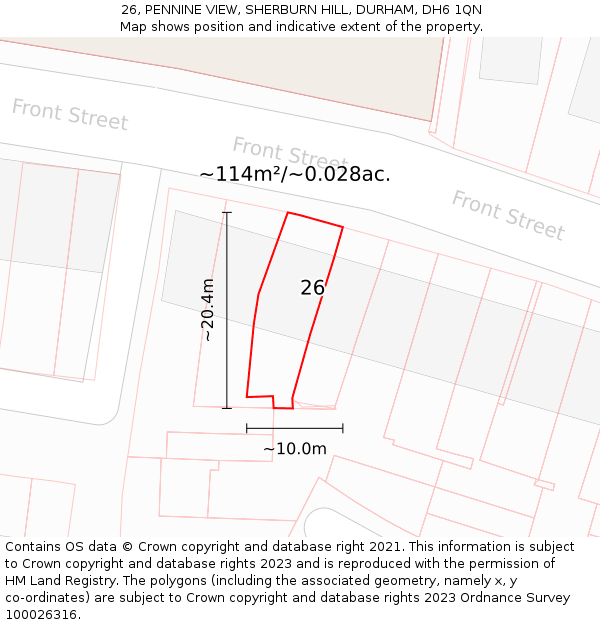 26, PENNINE VIEW, SHERBURN HILL, DURHAM, DH6 1QN: Plot and title map