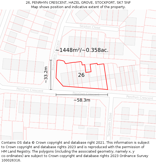 26, PENRHYN CRESCENT, HAZEL GROVE, STOCKPORT, SK7 5NF: Plot and title map