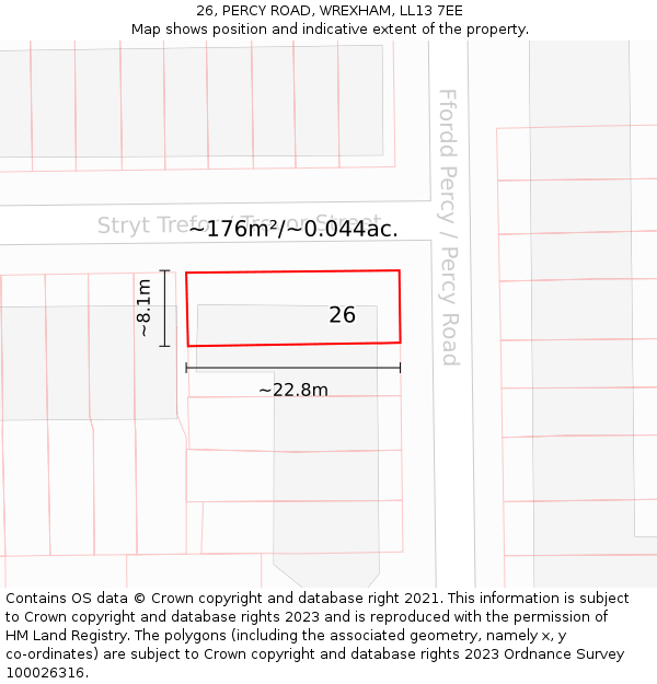 26, PERCY ROAD, WREXHAM, LL13 7EE: Plot and title map