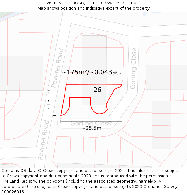 26, PEVEREL ROAD, IFIELD, CRAWLEY, RH11 0TH: Plot and title map