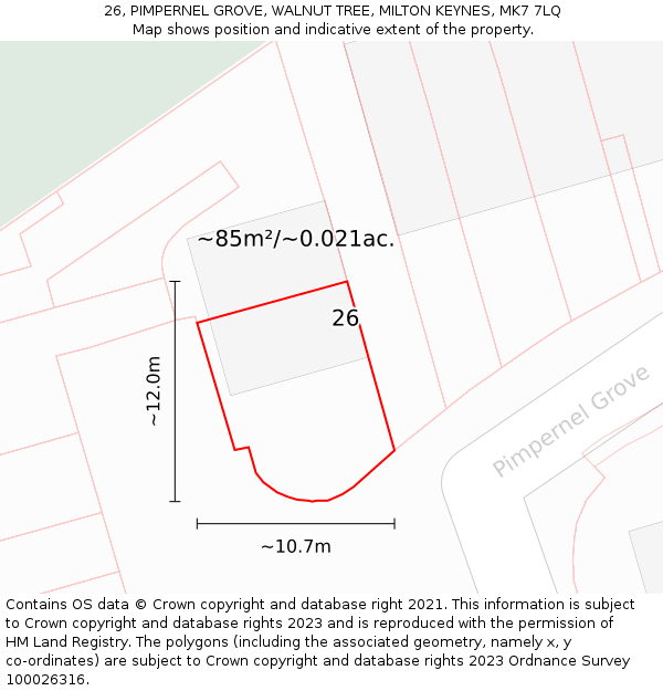 26, PIMPERNEL GROVE, WALNUT TREE, MILTON KEYNES, MK7 7LQ: Plot and title map