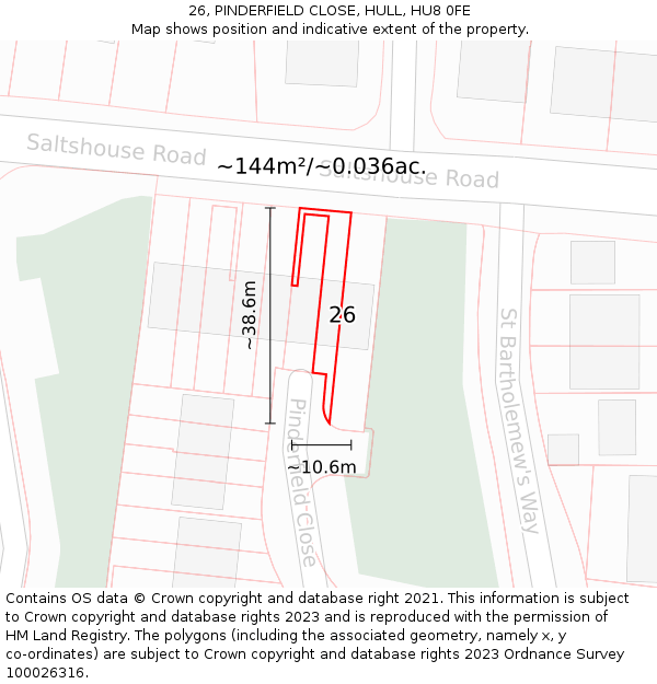 26, PINDERFIELD CLOSE, HULL, HU8 0FE: Plot and title map