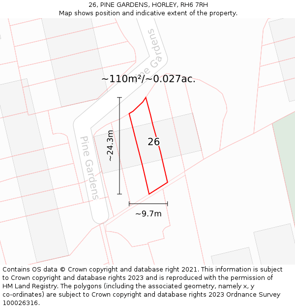 26, PINE GARDENS, HORLEY, RH6 7RH: Plot and title map