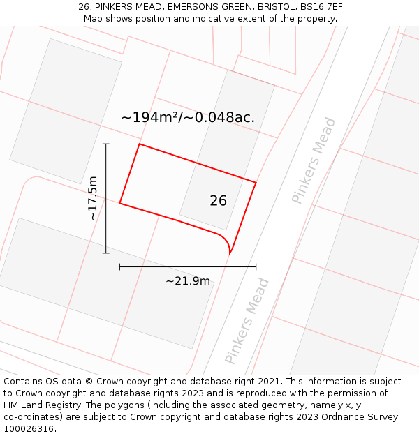 26, PINKERS MEAD, EMERSONS GREEN, BRISTOL, BS16 7EF: Plot and title map
