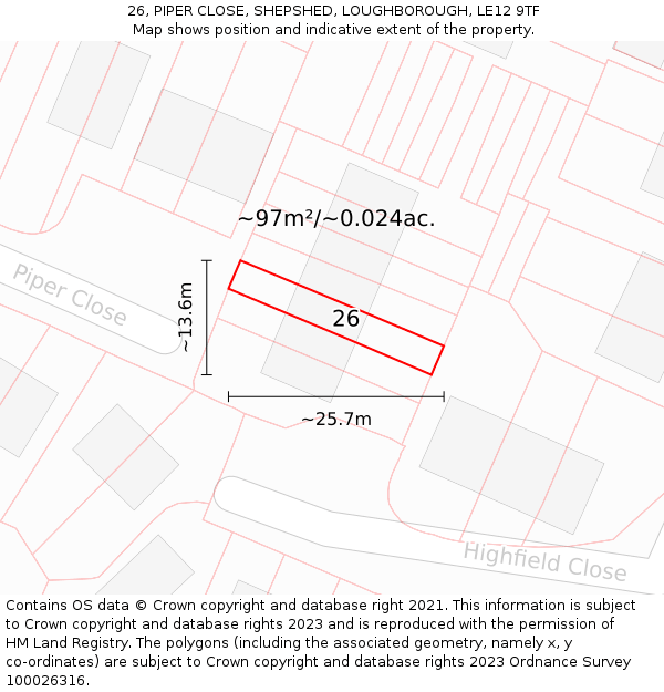 26, PIPER CLOSE, SHEPSHED, LOUGHBOROUGH, LE12 9TF: Plot and title map