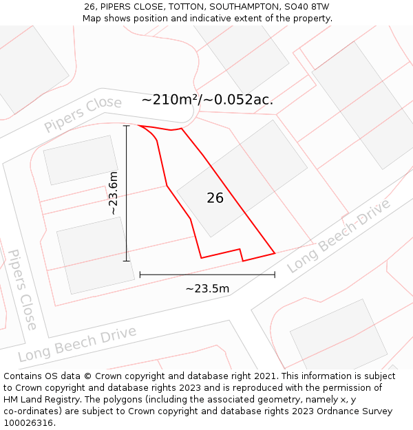26, PIPERS CLOSE, TOTTON, SOUTHAMPTON, SO40 8TW: Plot and title map