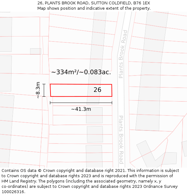 26, PLANTS BROOK ROAD, SUTTON COLDFIELD, B76 1EX: Plot and title map
