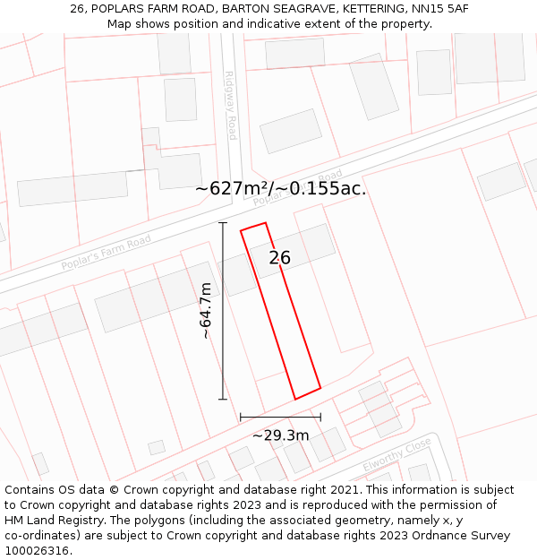 26, POPLARS FARM ROAD, BARTON SEAGRAVE, KETTERING, NN15 5AF: Plot and title map