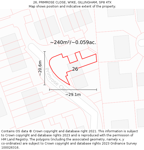 26, PRIMROSE CLOSE, WYKE, GILLINGHAM, SP8 4TX: Plot and title map