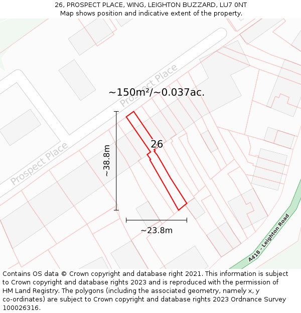 26, PROSPECT PLACE, WING, LEIGHTON BUZZARD, LU7 0NT: Plot and title map