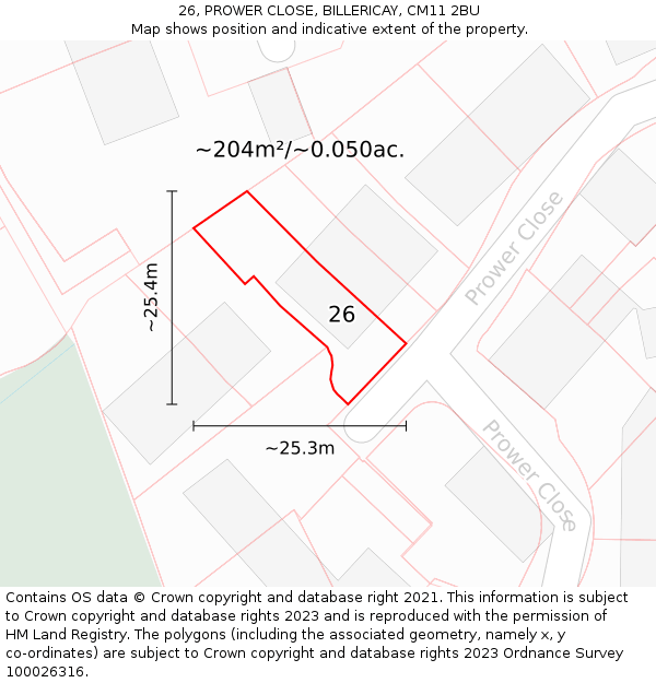 26, PROWER CLOSE, BILLERICAY, CM11 2BU: Plot and title map