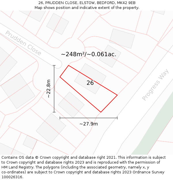 26, PRUDDEN CLOSE, ELSTOW, BEDFORD, MK42 9EB: Plot and title map