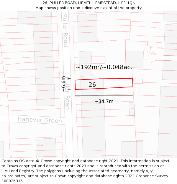 26, PULLER ROAD, HEMEL HEMPSTEAD, HP1 1QN: Plot and title map