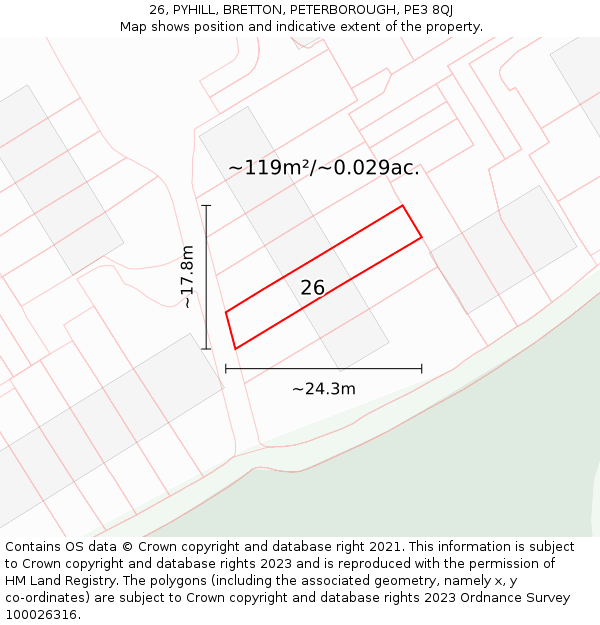 26, PYHILL, BRETTON, PETERBOROUGH, PE3 8QJ: Plot and title map