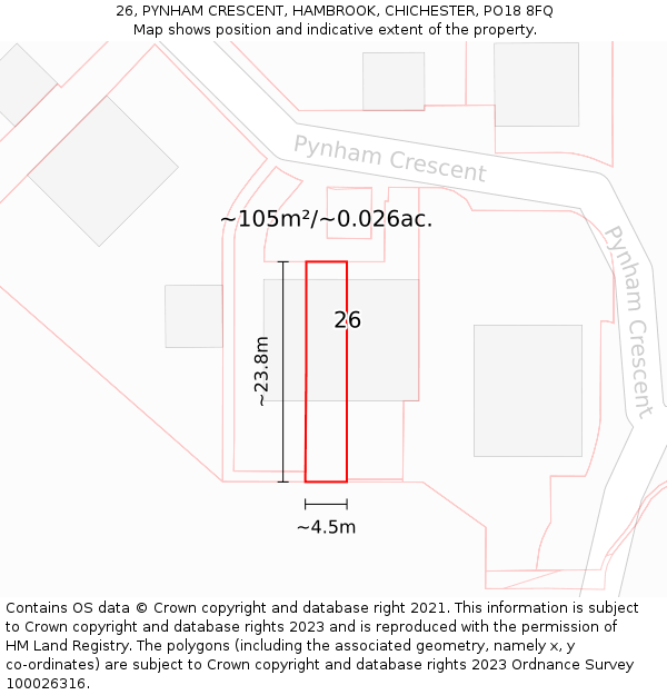 26, PYNHAM CRESCENT, HAMBROOK, CHICHESTER, PO18 8FQ: Plot and title map