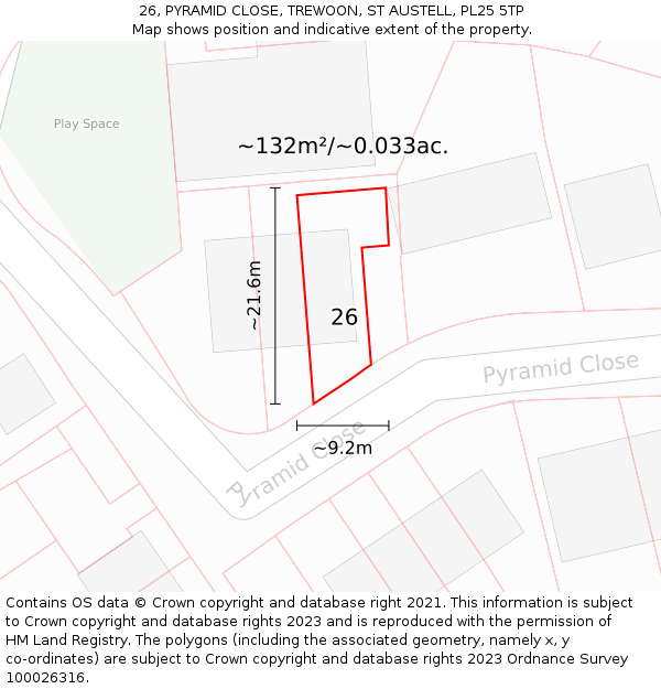26, PYRAMID CLOSE, TREWOON, ST AUSTELL, PL25 5TP: Plot and title map