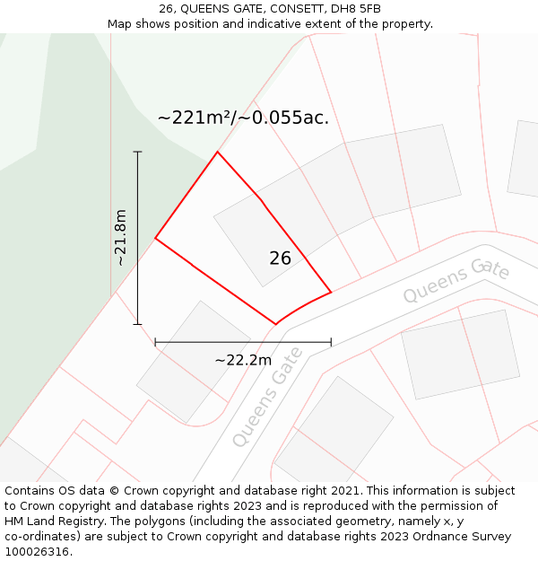 26, QUEENS GATE, CONSETT, DH8 5FB: Plot and title map