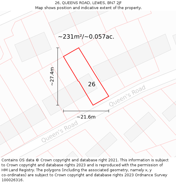 26, QUEENS ROAD, LEWES, BN7 2JF: Plot and title map