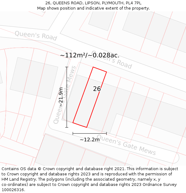 26, QUEENS ROAD, LIPSON, PLYMOUTH, PL4 7PL: Plot and title map