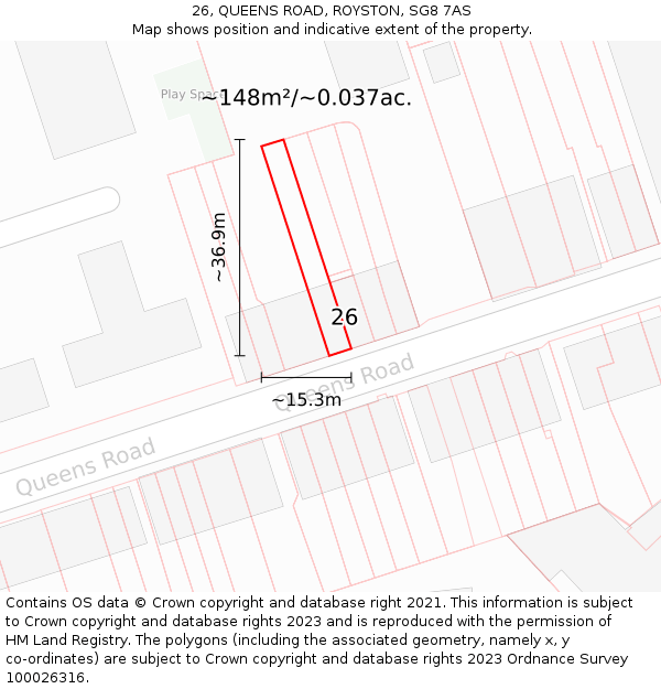 26, QUEENS ROAD, ROYSTON, SG8 7AS: Plot and title map