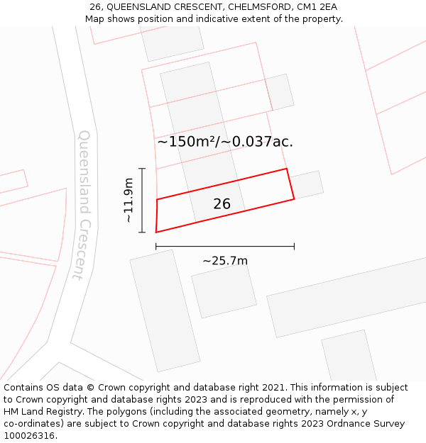 26, QUEENSLAND CRESCENT, CHELMSFORD, CM1 2EA: Plot and title map