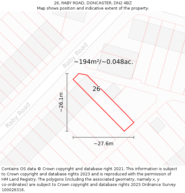 26, RABY ROAD, DONCASTER, DN2 4BZ: Plot and title map