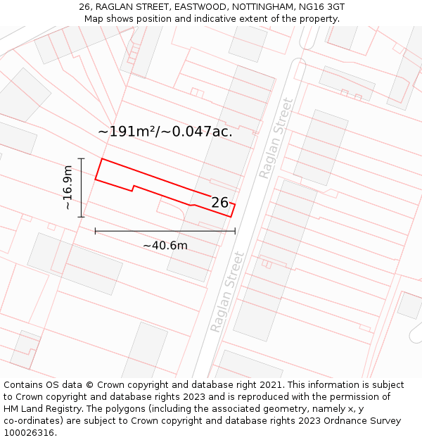 26, RAGLAN STREET, EASTWOOD, NOTTINGHAM, NG16 3GT: Plot and title map